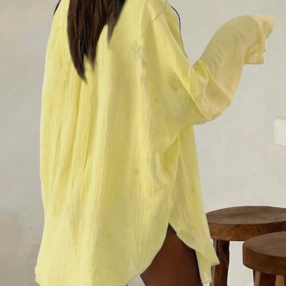 Yellow Casual Women's Drop Shoulder Long Sleeve Button Shirt & A-Line Skirt Set - Picture 4 of 7